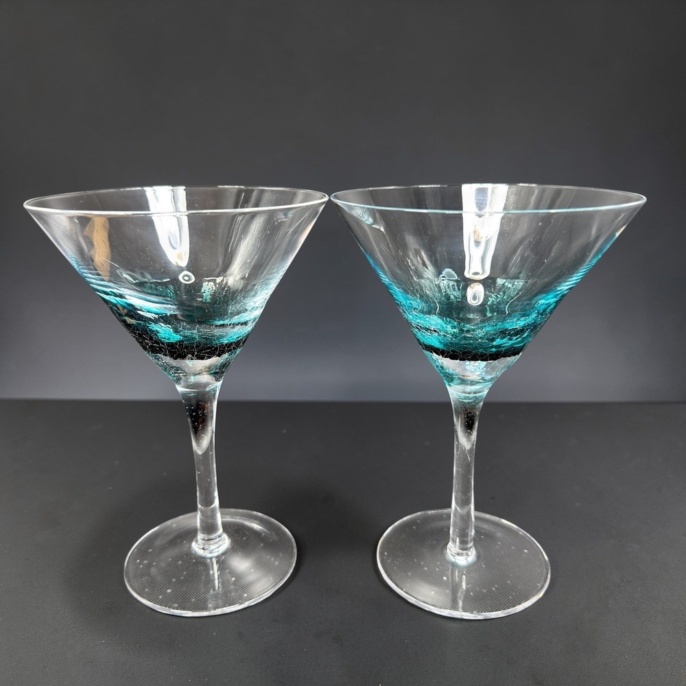 Pier 1 Teal Blue Crackle Glass Martini Glasses Cocktail Stemware Cups Set of 2